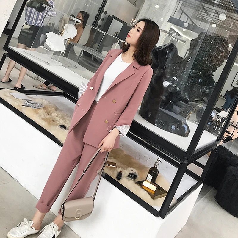 Striped Sleeve Double Breasted Women Pant Suits Notched Blazer & High Waist Pencil Pant Solid OL Style Female 2 Pieces Set 2018 Striped Sleeve Double Breasted Women Pant Suits Notched Blazer & High Waist Pencil Pant Solid OL Style Female 2 Pieces Set 2018