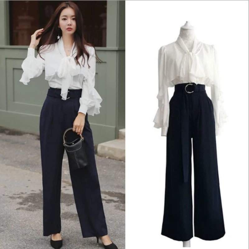 

2019 Elegant Office Lady Costumes For Women Spring New Bowknot Ruffles White Shirts And High Waist Wide Leg Pants Trousers Sets