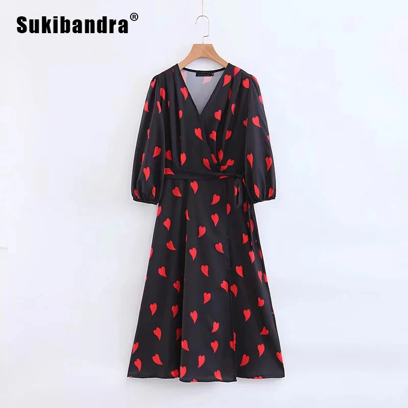 

Sukibandra Spring Summer Black Vintage Floral Print Women Wrap Dress Three Quarter Sleeve Casual Ladies Midi Dress A Line Dress
