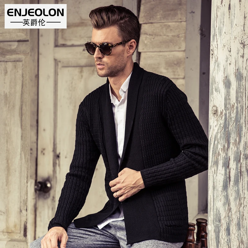 Enjeolon бренд вязаный кардиган, Свитера зимняя мужская одежда 3XL Черный насыщенный отложной воротник повседневные мужские свитера M2033
