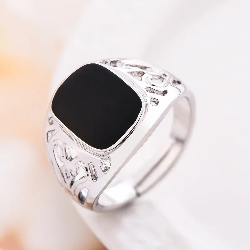 

2019 New Trendy Men Ring Black Stone Square Top quality silver Resizable Finger Rings for Women Daily Male Jewelry Party Gift