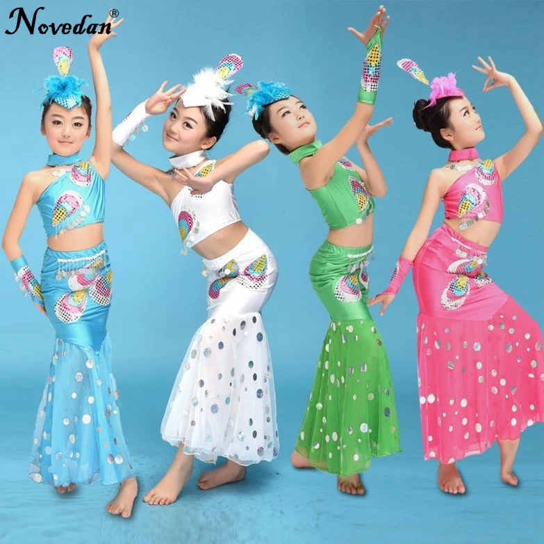 Kids Girls Belly Dance Costume 4 Colors 3 Sizes Peacock Top, Fishtail Skirt