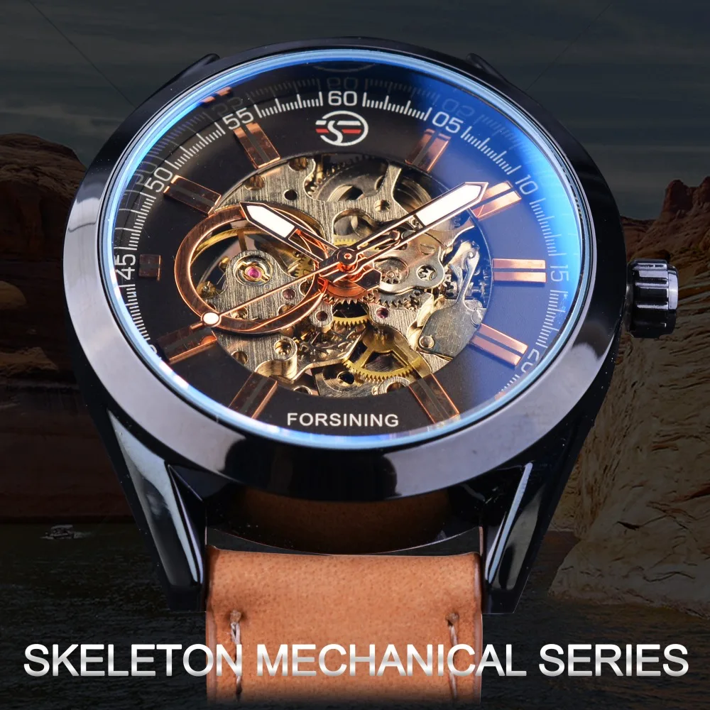 Forsining Watch + Bracelet Set Combination Casual Sport Genuine Leather Army Military Automatic Men Wrist Watches Skeleton Clock