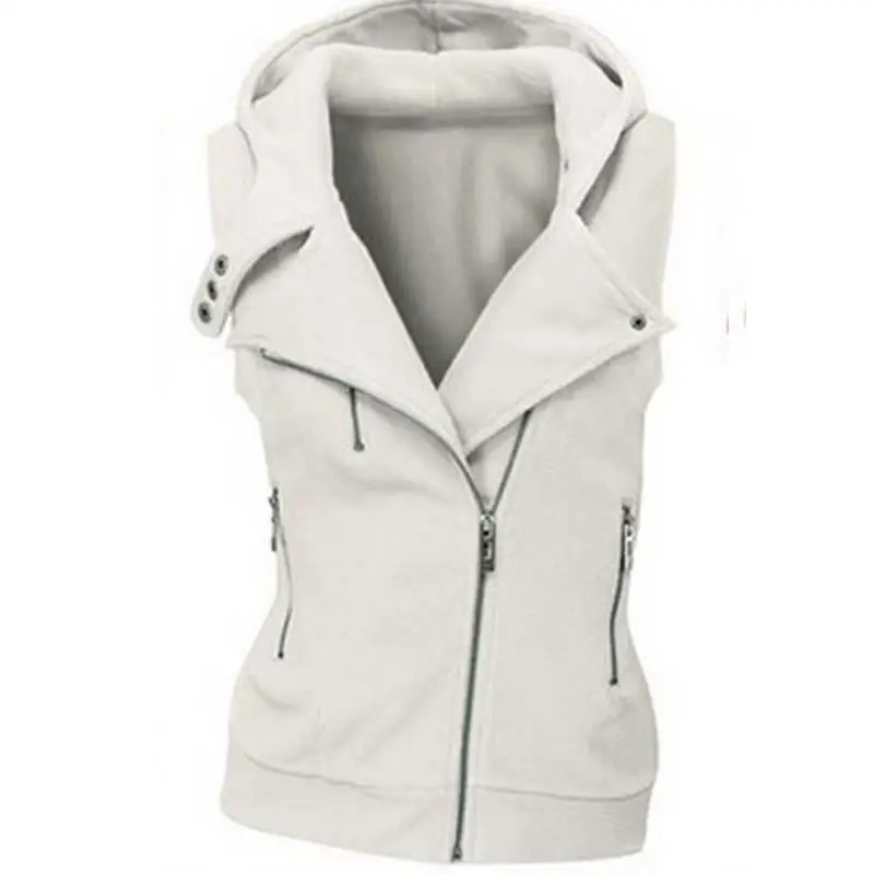 Модные женские толстовки с капюшоном, толстовка на молнии, куртка-бомбер без рукавов, верхняя одежда на молнии, пуговицы, топ размера плюс, LJ7843M - Цвет: White