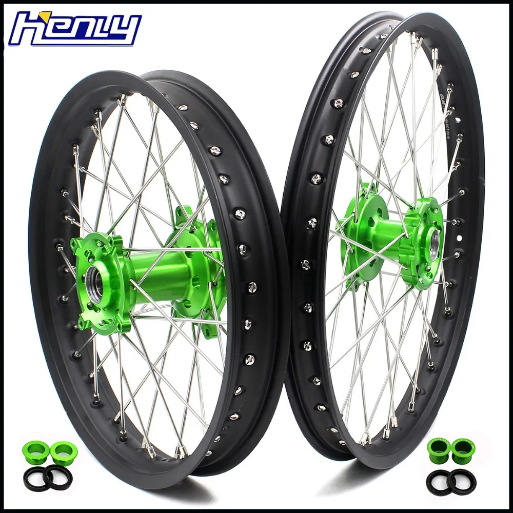 1,6*2" /2,15*19" MX мотоциклетные колеса диски набор для KAWASAKI KX125 KX250 2006-2007 Зеленый концентратор черные диски