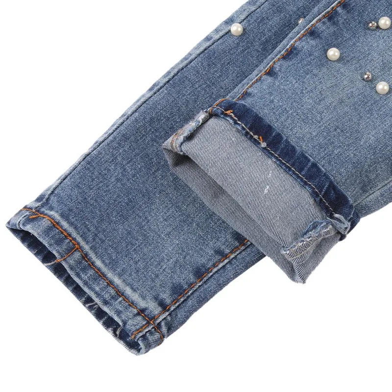 Новый Для женщин модная открытая отверстие джинсовые узкие брюки Повседневное тонкий заклепки жемчужные украшения джинсы с низкой талией