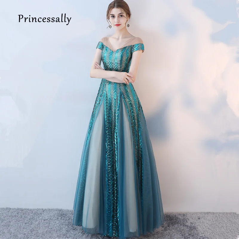 

New Formal Evening Dress Elegant Turquoise Long Sequined Ruffles V Neck Blue Modest Prom Party Gown Robe De Soiree Longue 2019
