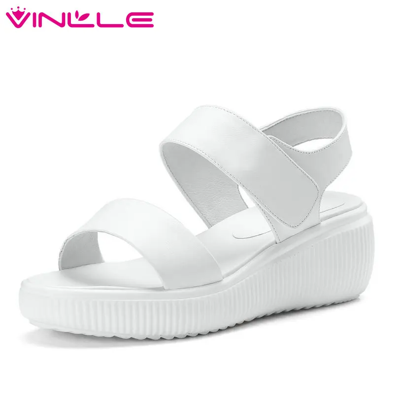 

VINLLE 2018 Fashion Women Sandals Shoes Woman Genuine Leather Hook&Loop Square High Heel Ladies Wedding Shoes Size 34-42