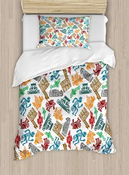 

Tribal Duvet Cover Set Mayan and Aztec Primitive Icons with Shaman and Lamas Figures Archaic Boho Design 4 Piece Bedding Set