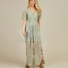 Women's Dress High Quality Plunging neckline Lace short sleeve lace embroidered lace maxi dress for women Boho Dress Women's Dress High Quality Plunging neckline Lace short sleeve lace embroidered lace maxi dress for women Boho Dress
