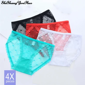 

4pcs Women's Underwear Cotton Sexy Transparent Lace Panties Everyday Briefs Lingerie Girls Knickers Lingerie