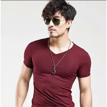 Summer Cotton V-Neck Solid Casual T Shirt Men Slim Fit Fitness Elastic T-Shirt Muscle Man Tshirt
