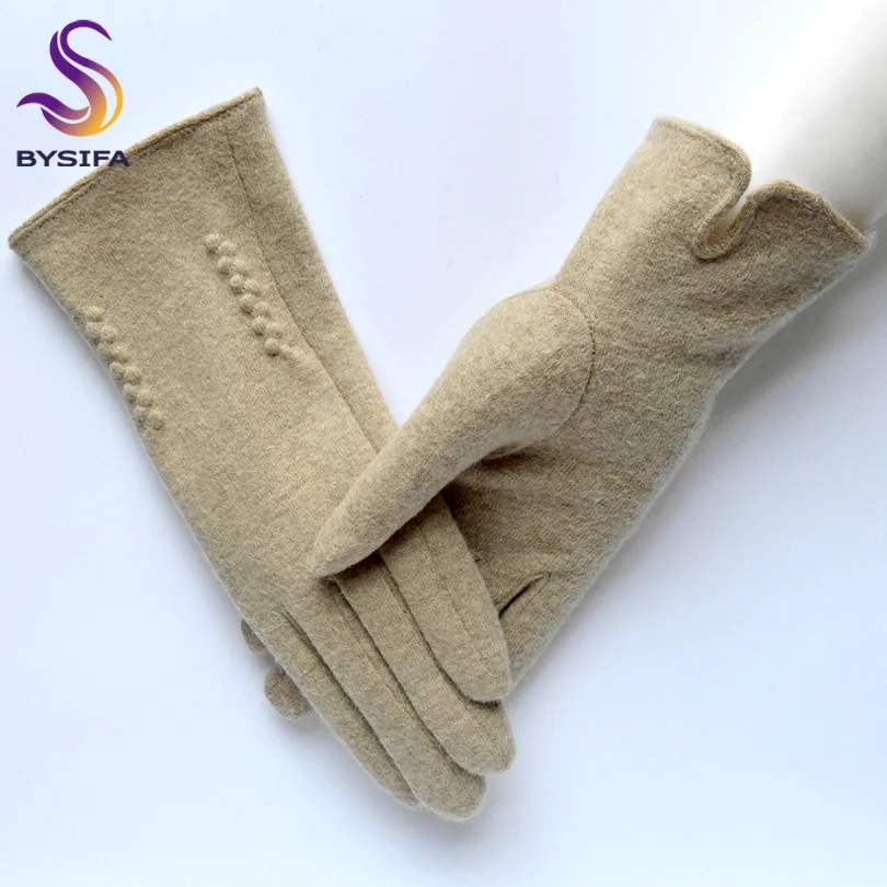 Женские кружевные шерстяные перчатки с вышивкой новые зимние толстые женские перчатки с бантиком элегантные мягкие митенки серого и розового цвета - Цвет: 03 beige kahki
