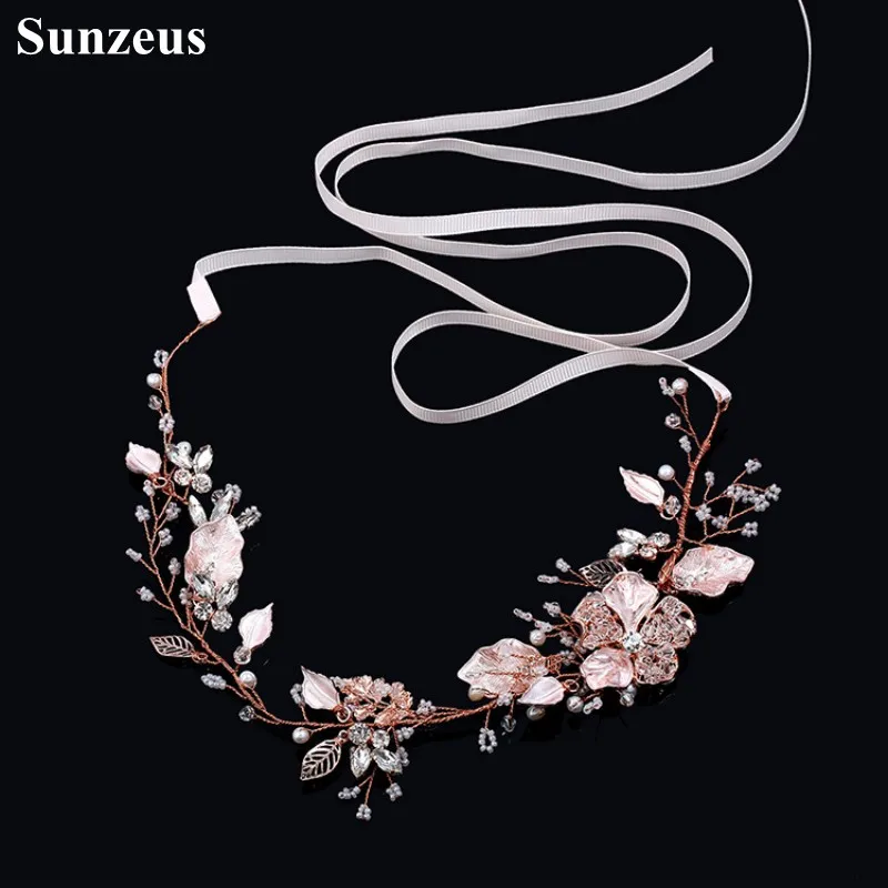 Rose Gold Flower Leaves Bridal Headband Pearls Crystals Wedding Hair