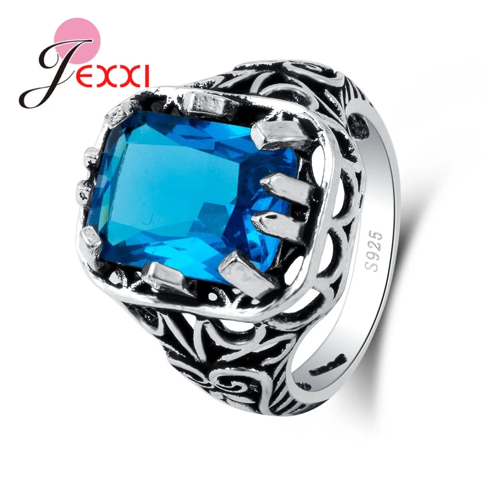 New Arrival Clear Blue Rectangle Cubic Zirconia Classic Style 100% 925 Sterling Silver Rings Birthday Presents For Women | Украшения и