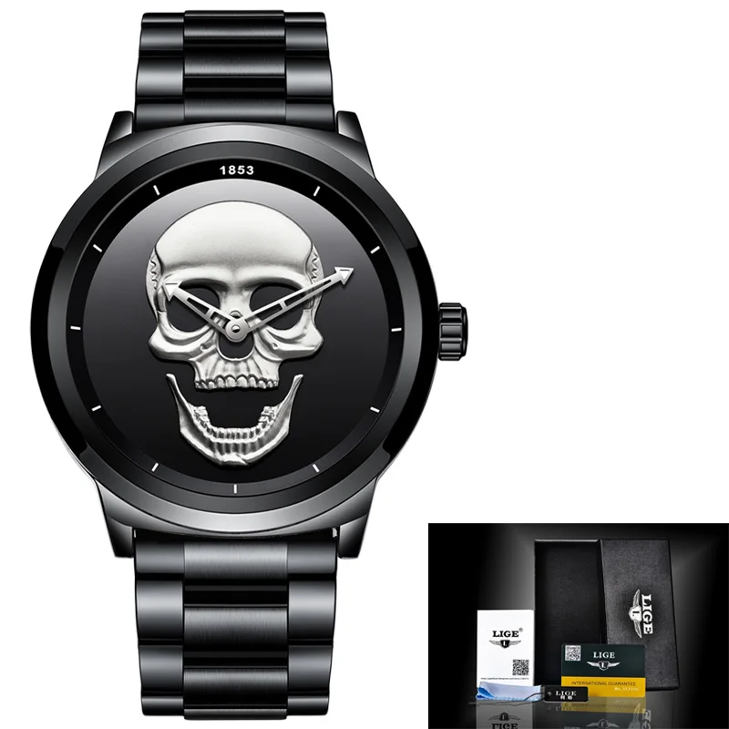 2022 Cool Punk 3D Skull Men Watch Brand LIGE Luxury Steel Quartz Men Watches Waterproof Retro Fashion Gold Black Clock Relogio 