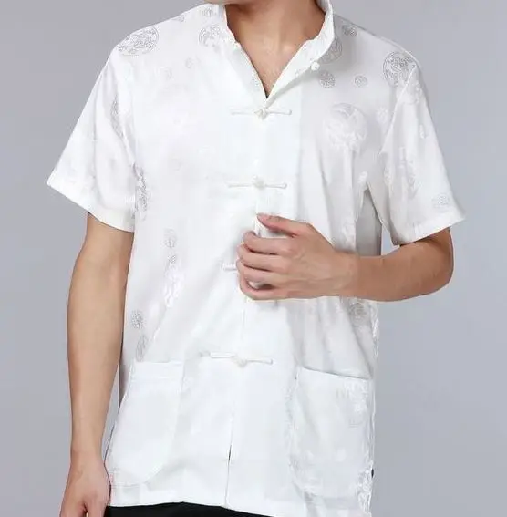 Шанхай история национальный тренд китайский стиль Топ Традиционный китайский мужской искусственный шелковая атласная рубашка с карманом китайская рубашка - Цвет: Белый