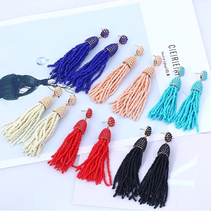 1 pairs  Seed Beads Long Tassel Earrings Handmade Weaving Drop Earrings