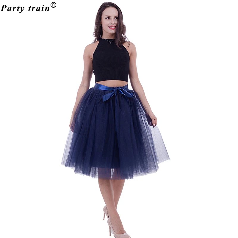 5 շերտ 65 սմ Midi շղարշ փեշ Արքայադուստր Pleated Dance Tutu պոռնիկ կանայք Lolita Petticoat Jupe Saia faldas Denim Party պոռնիկ