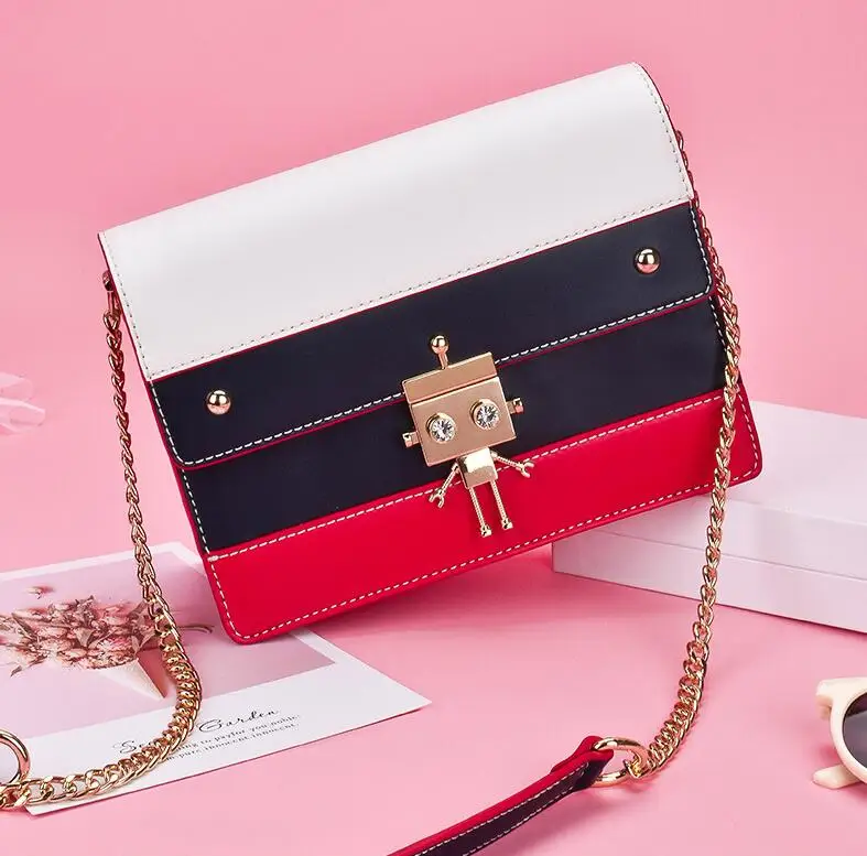 

DuoLaiMi 2019 New Arrival England Metal Robot Patchwork Rivet Panelled Ribbon Girl Women Cross body Shoulder Handbag Bag Flap