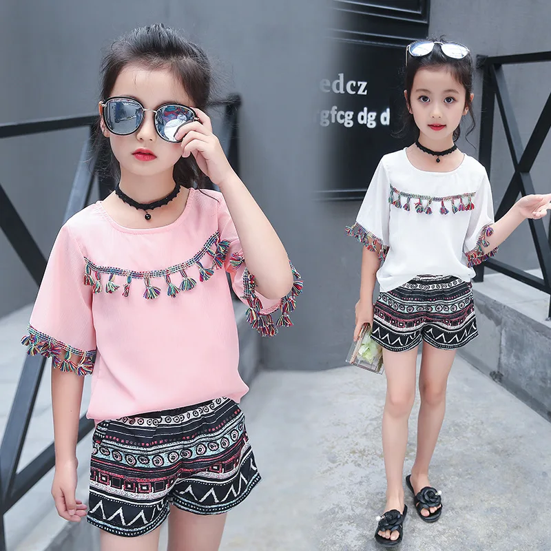 Roupa do Bebê Curta plus Shorts de Chiffon Adolescentes das Crianças Menina 2019 Verão Nova Franja Estilo Étnico manga 2 pc Roupas Sets 4 10 12y 11 chiffon 2 pc adolescentes conjuntos de roupas infantis 4-10 12y