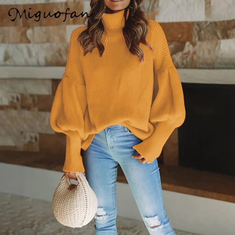 

Miguofan Turtleneck Knitted Sweater Pullovers Women Lantern Sleeves Jumpers Solid White Black Tops Sweaters 2019 Autumn Winter