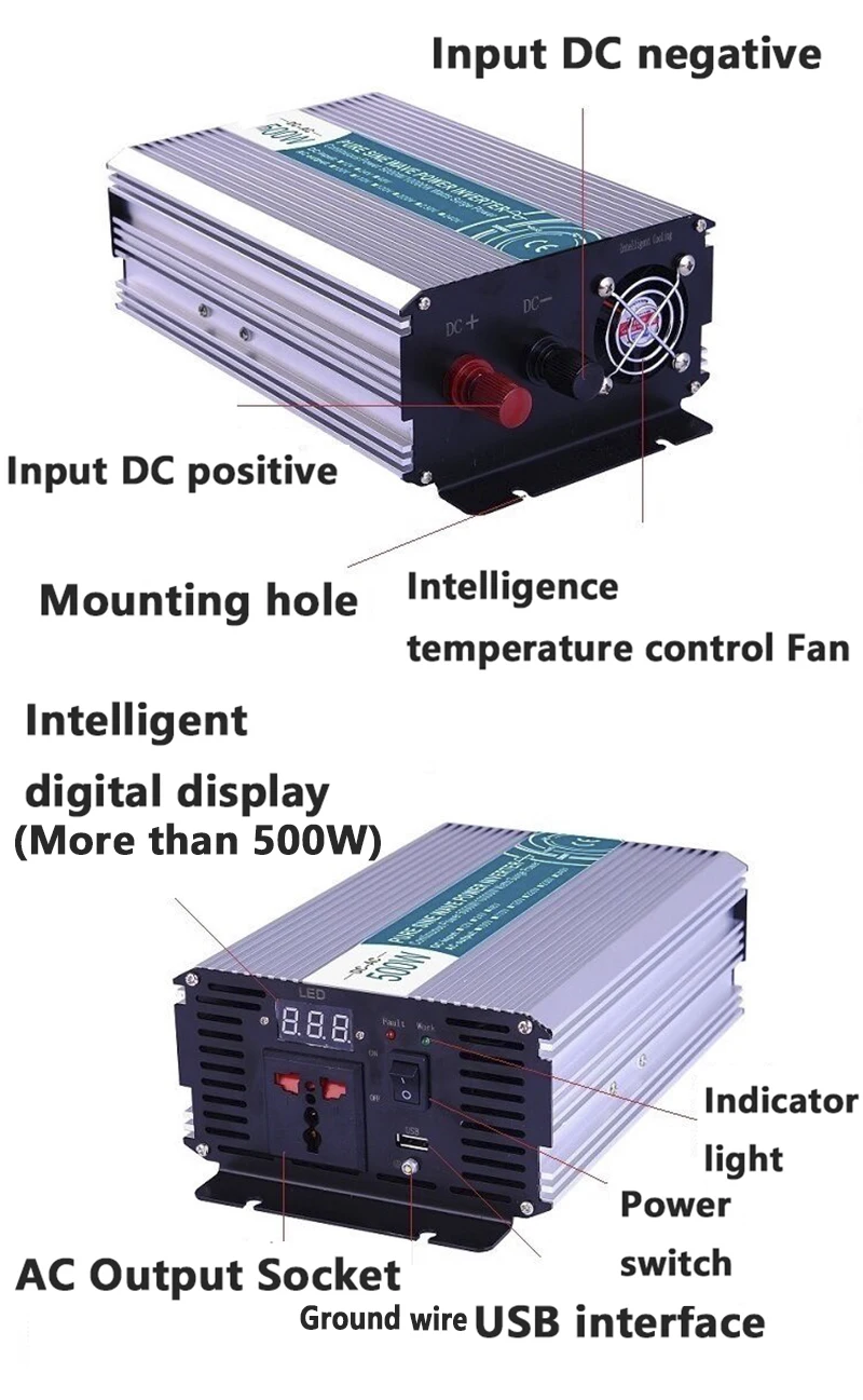 500W инвертор с чистым синусом Мощность инвертор Вход 12/24/48VDC для Выход 110/220VAC бытовой автомобиля солнечной энергии Напряжение конвертер