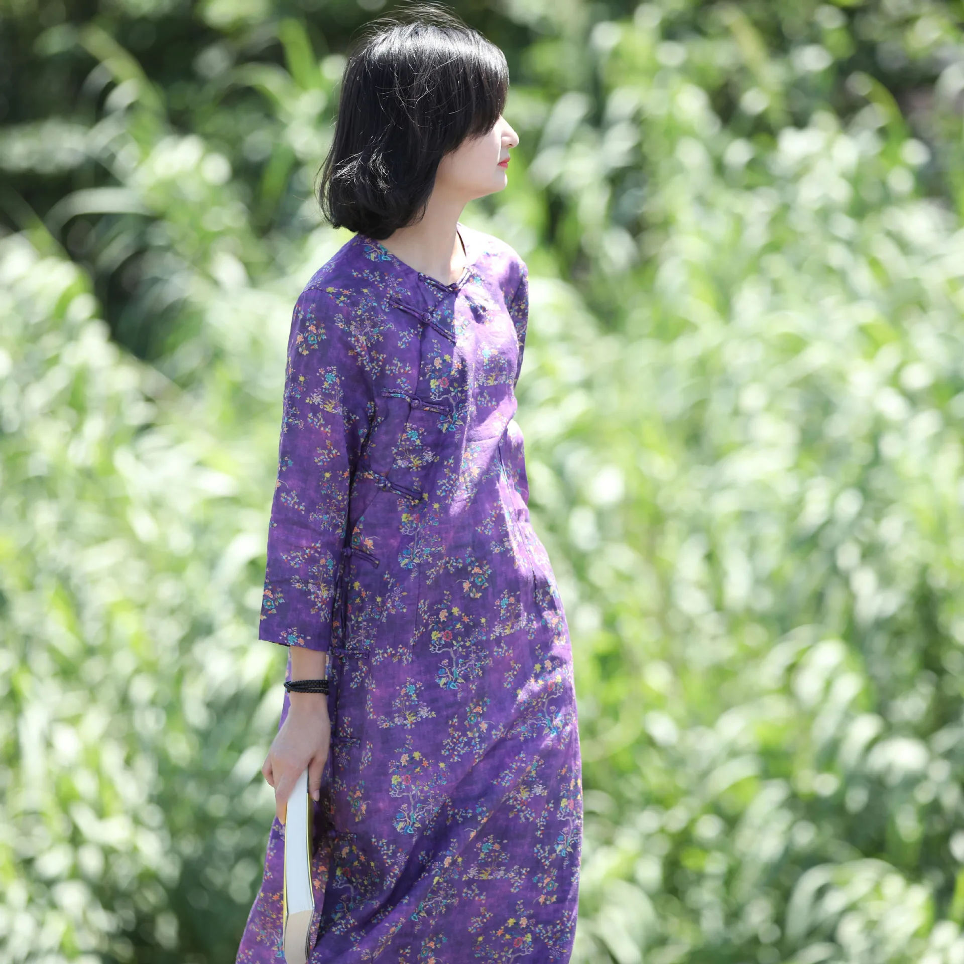 

Original Design Ramie Thin Swash Plate Buttons O-Neck Long Sleeve Slim Dress Improved Cheongsam Dresses Purple