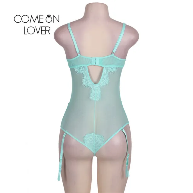 Comeonlover Eyelash Lace Sexy Transparent Bodysuit See Through Club Wear Plus Size Black With Garter Backless Bodysuit RI80266