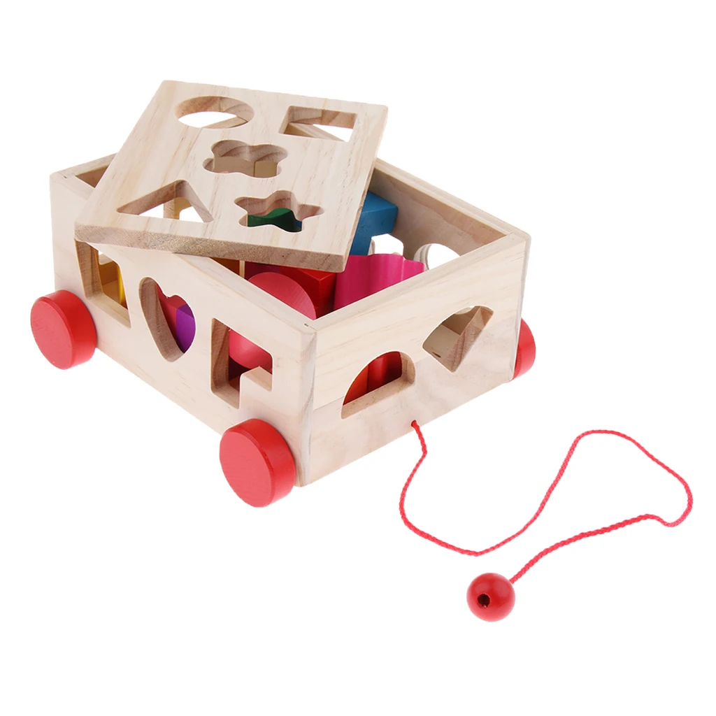 Kids Wooden Shape Sorting Car Educational Toys Toddler Baby Jigsaw Stacking Game Toddler Drag Car to Walk Gifts