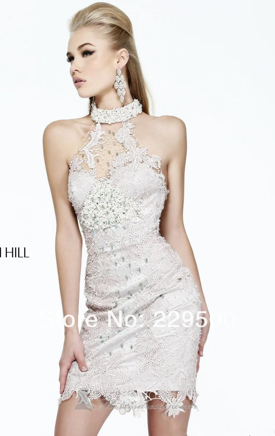 Cheap In Stock High Neck Crystal Lace Cocktail Dresses Beige color Sexy