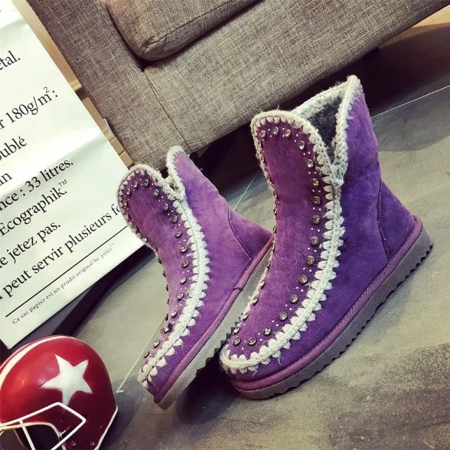 

2016 Winter Rhinestone Warm Women Snow Boots Black Purple Flat Platform Ankle Short Boots Ladies Fur Inside Sewing Boots 668-50