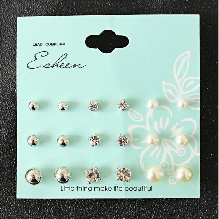 

9Pcs Set Promotion Dainty Minimalist Rhinestone Crystal Simulated-pearl Stud Earrings Women combination Earrings Bijoux E5127