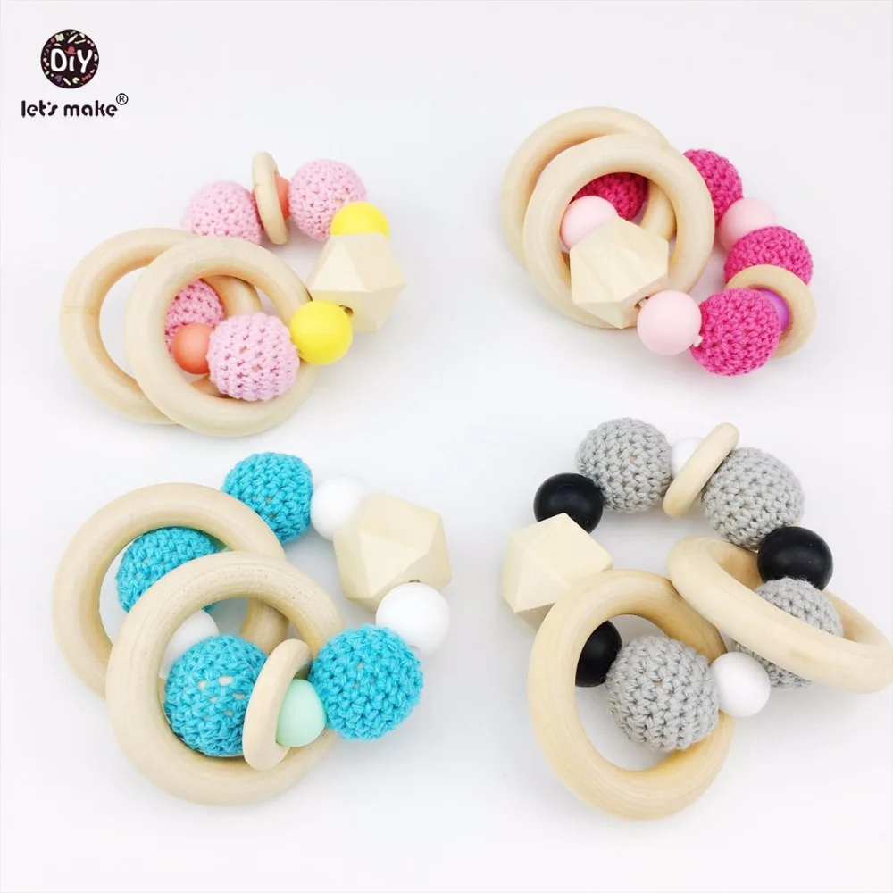 

Let's make Rattle Teether Play Gym Montessori Toys 4pcs Teething Wooden Rings Baby Toys Chewable Beads Baby Shower Gift Rattles