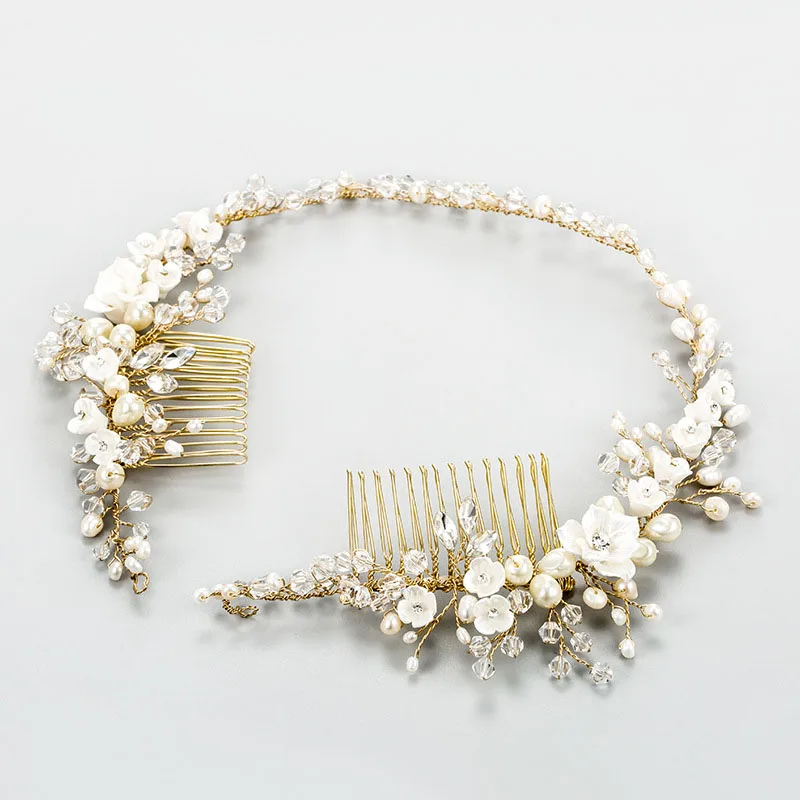 SLBRIDAL Crystals Rhinestones Freshwater Pearls Flower Wedding Hair Comb Headband Hairband Bridal Hair Accessories Bridesmaids цена SLBRIDAL Crystals Rhinestones Freshwater Pearls Flower Wedding Hair Comb Headband Hairband Bridal Hair Accessories Bridesmaids цены онлайн