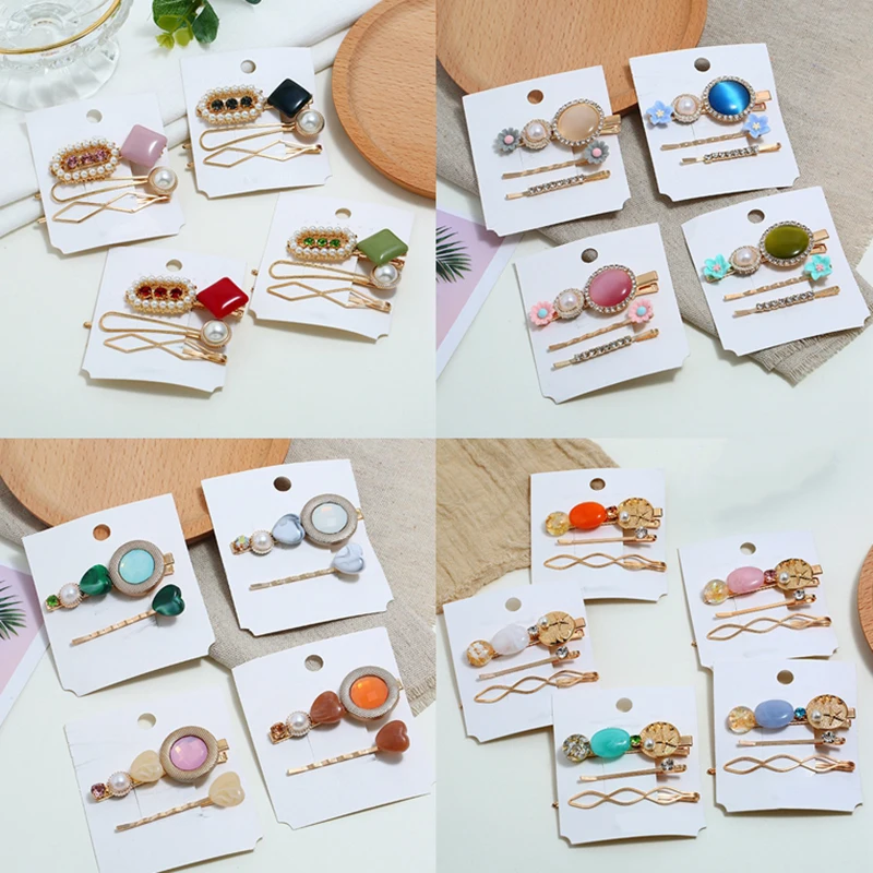 

New 2/3 3Pcs/set Fashion Pearl Metal Hair Clips Women Hairpin Acrylic Resin Beads Crystal Heart Flower Sweet Hair Styling Tools
