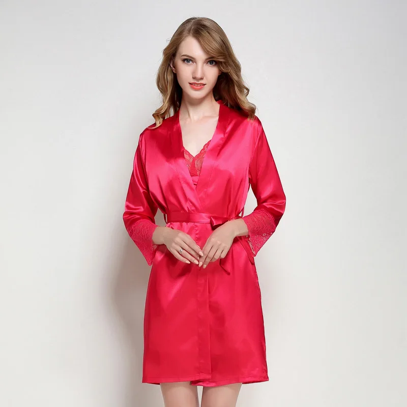 Robes Femme 2018 Satin kimono bridesmaids red pink Bridesmaid With Lace Home Clothing summer | Женская одежда