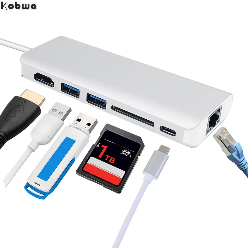 

6 in 1 USB 3.0 Hub for MacBook Pro Air Multi function USB Type C 4K Video HDMI/RJ45 USB Hub 3.0 Adapter Charging Port Hubs