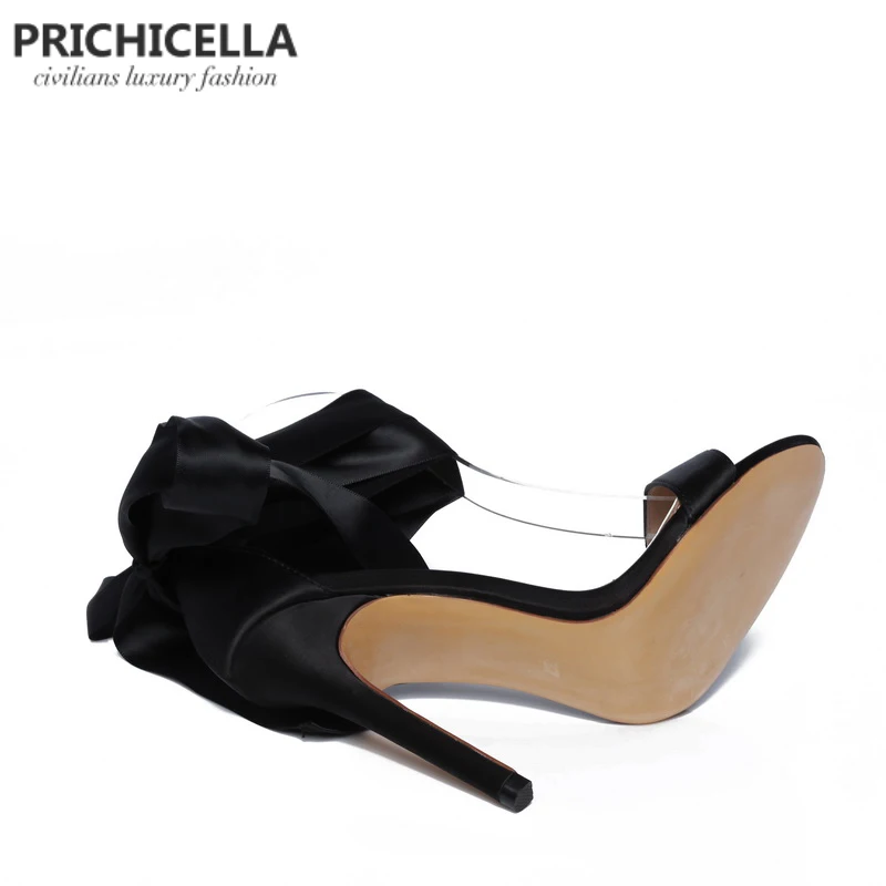 Prichicella Модные Черные Атласные босоножки с ремешком на щиколотке высокий каблук модельные туфли натуральная кожа Летние туфли-лодочки