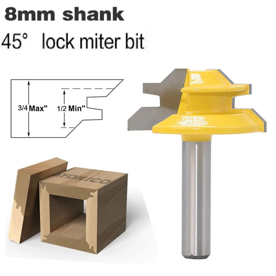 

1pc 8mm Shank 45 Degree Small Lock Miter Wood Router Bit Tungsten Carbide Woodworking Milling Cutter/ End Mills / Milling Tools