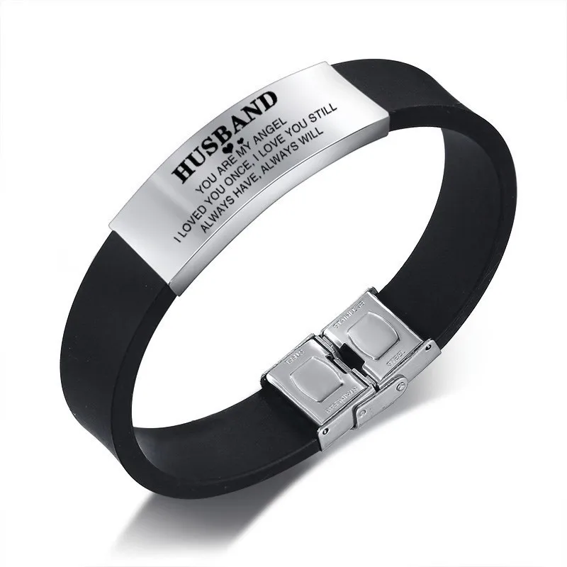 Vnox Custom TO HUSBAND Bracelets for Men Black Silicone Wrist Band with Stainless Steel Tag Valentine's Day Gift for Him - Metal Color: 13