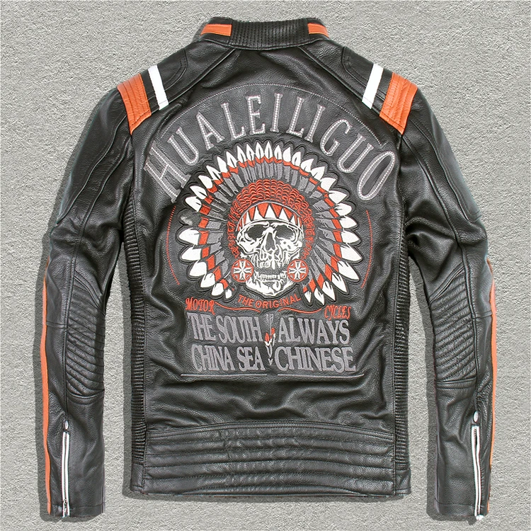 Urbanbaron Для мужчин панк-стиль Вышивка черепа кожаная куртка мотоцикла Винтаж черный натуральная кожа куртка Для мужчин байкерская куртка