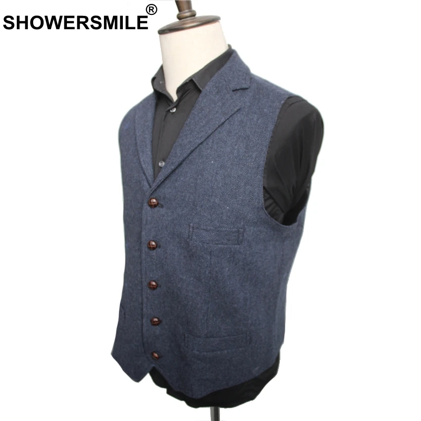 

SHOWERSMILE Men Navy Suit Vest Wool Tweed Herringbone Sleeveless Jacket British Style Classic Waistcoat Male Slim Fit Blazer