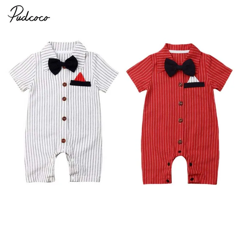 2019 Brand Newborn Baby Boys Wedding Party Bow Formal Romper New Striped Short Sleeve Gentleman Jumpsuit Outfit Boy Clothes |