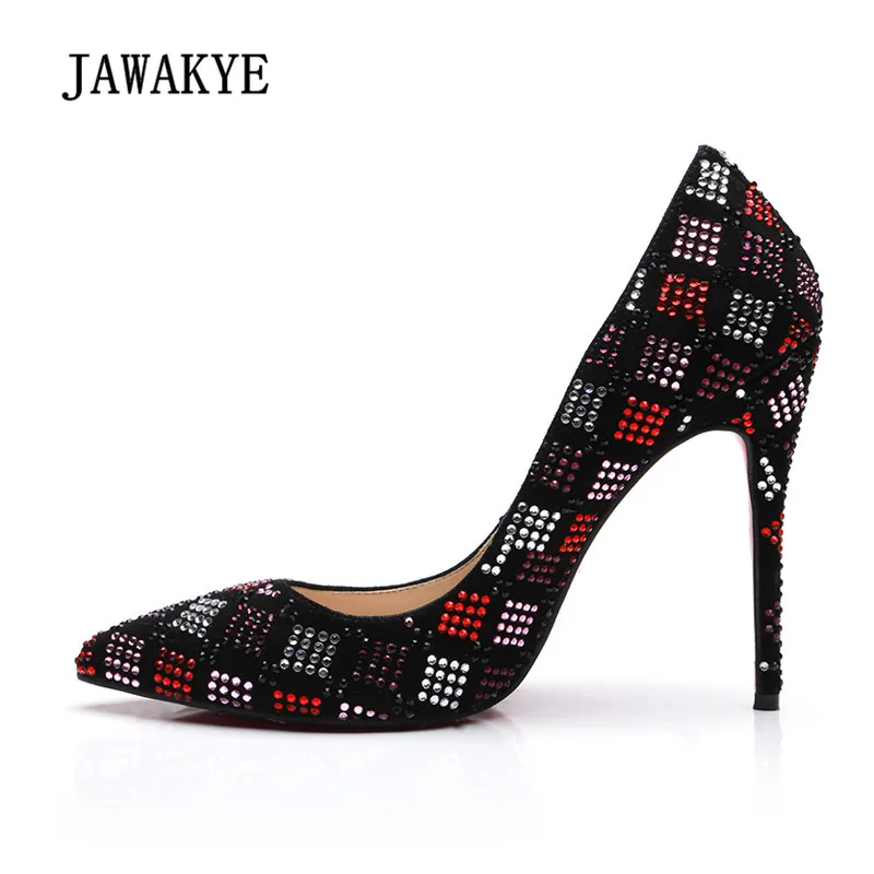 

2018 Runway Rhinestone Suede High Heel Shoe Woman Pointed Toe Mixed Color Bead Stiletto Heel Pumps Lady Wedding Shoes
