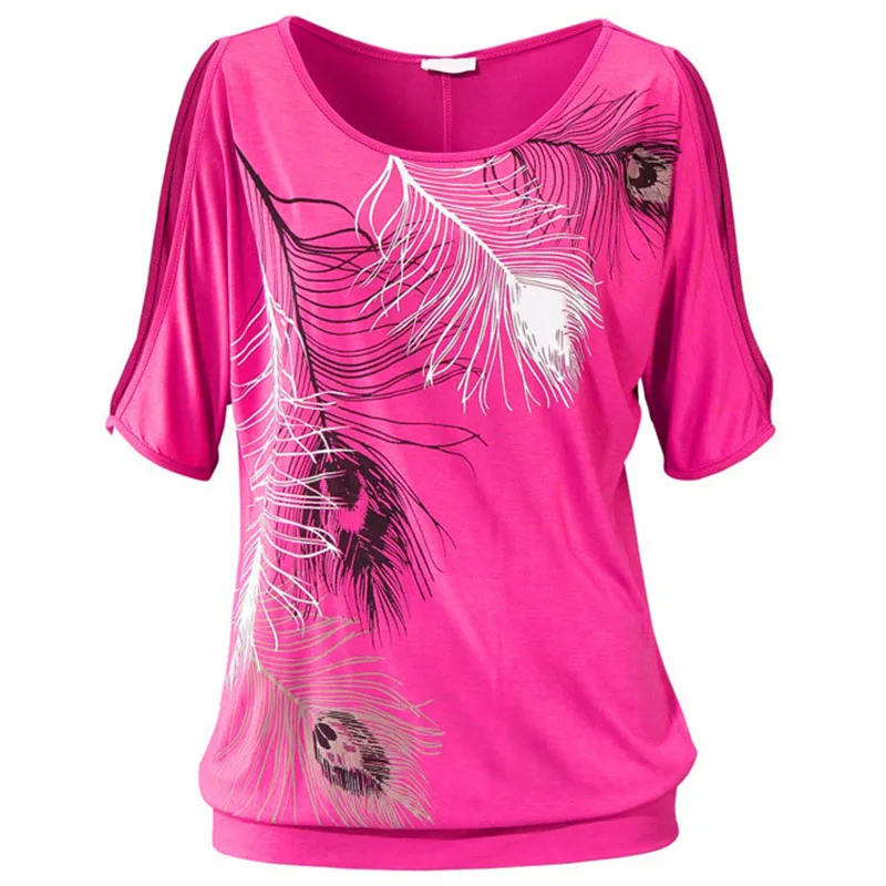 Womens Off-shoulder Tops Ladies Feather Printed Casual Loose Blouse Tops T-shirt