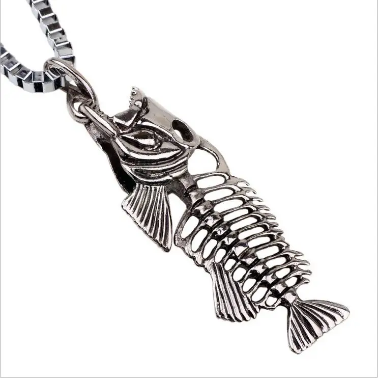 

2016 Fashion Jewelry Male Accessories Man Delicate Fish Bone & Fishing Hook Steel Pendant Necklaces vintage fish punk Collier