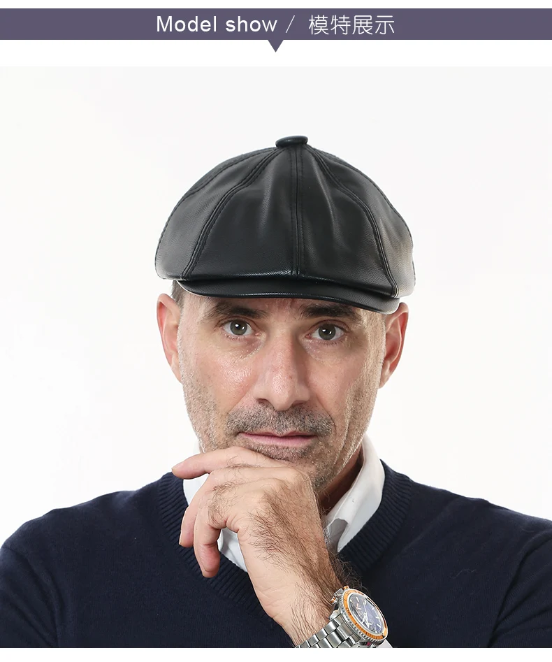 Мужская модная меховая шапка для студентов, черная кожаная восьмиугольная шапка для женщин среднего возраста, кепки для мужчин, зимняя теплая шапка для художника, B-8655