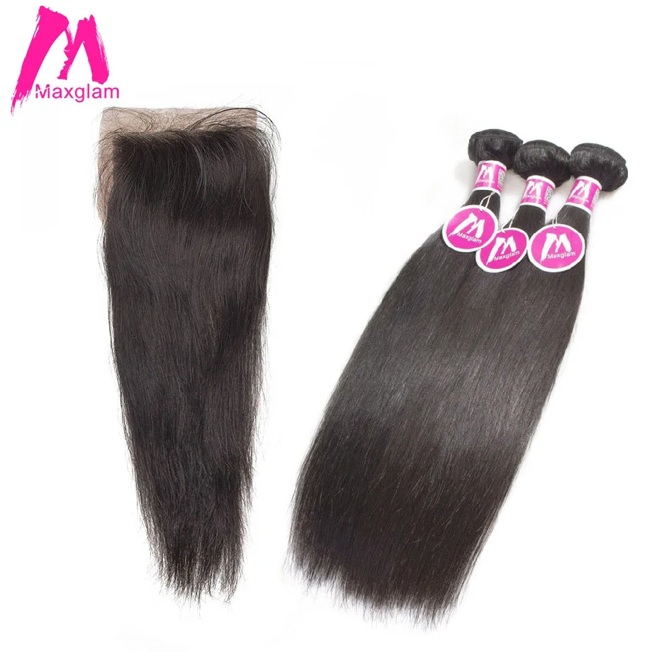 

Maxglam Brazilian Virgin Hair Straight 3 Human Hair Bundles with Silk Base Closure Hair Extension Free Shipping