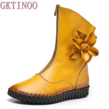 

GKTINOO Women Ankle Boots Handmade Soft Flower Decoration Womens Autumn Winter Genuine Leather Shoes Flat Boots Plus Size